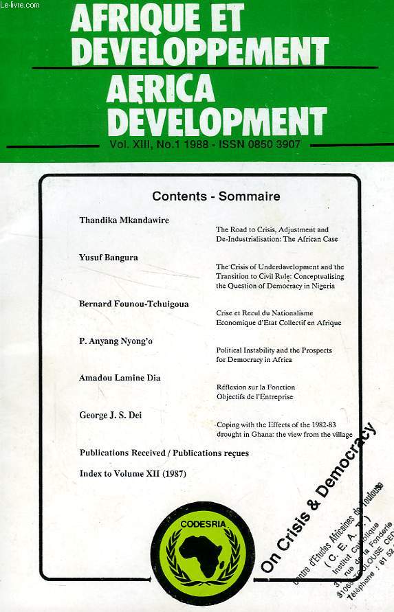 AFRIQUE ET DEVELOPPEMENT, AFRICA DEVELOPMENT, VOL. XIII, N 1, 1987