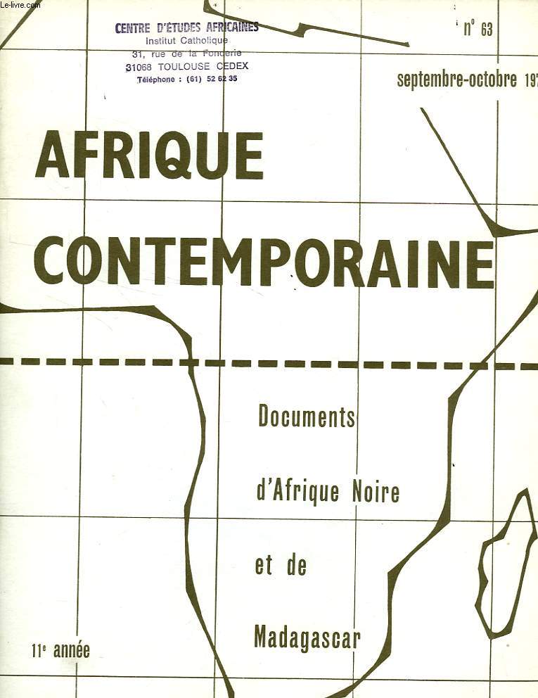 AFRIQUE CONTEMPORAINE, N 63, SEPT.-OCT. 1972, DOCUMENTS D'AFRIQUE NOIRE ET DE MADAGASCAR