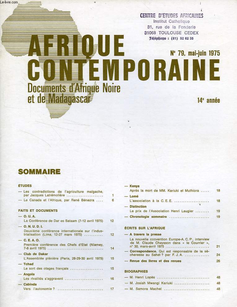 AFRIQUE CONTEMPORAINE, N 79, MAI-JUIN 1975, DOCUMENTS D'AFRIQUE NOIRE ET DE MADAGASCAR