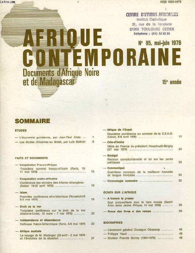 AFRIQUE CONTEMPORAINE, N 85, MAI-JUIN 1975, DOCUMENTS D'AFRIQUE NOIRE ET DE MADAGASCAR