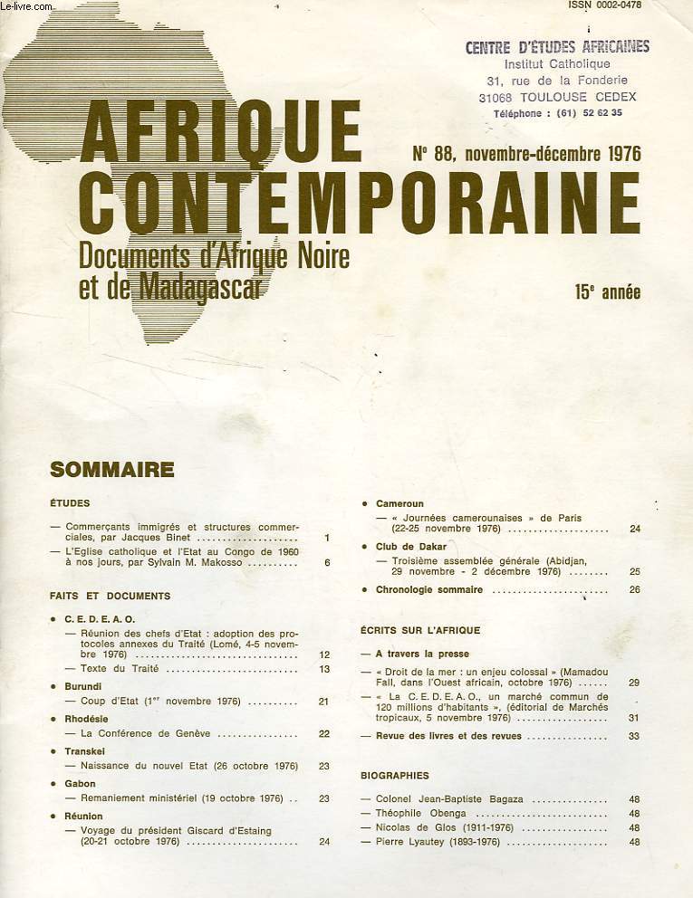 AFRIQUE CONTEMPORAINE, N 88, NOV.-DEC. 1976, DOCUMENTS D'AFRIQUE NOIRE ET DE MADAGASCAR