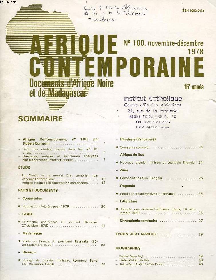 AFRIQUE CONTEMPORAINE, N 100, NOV.-DEC. 1978, DOCUMENTS D'AFRIQUE NOIRE ET DE MADAGASCAR