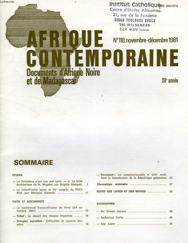 AFRIQUE CONTEMPORAINE, N 118, NOV.-DEC. 1981, DOCUMENTS D'AFRIQUE NOIRE ET DE MADAGASCAR