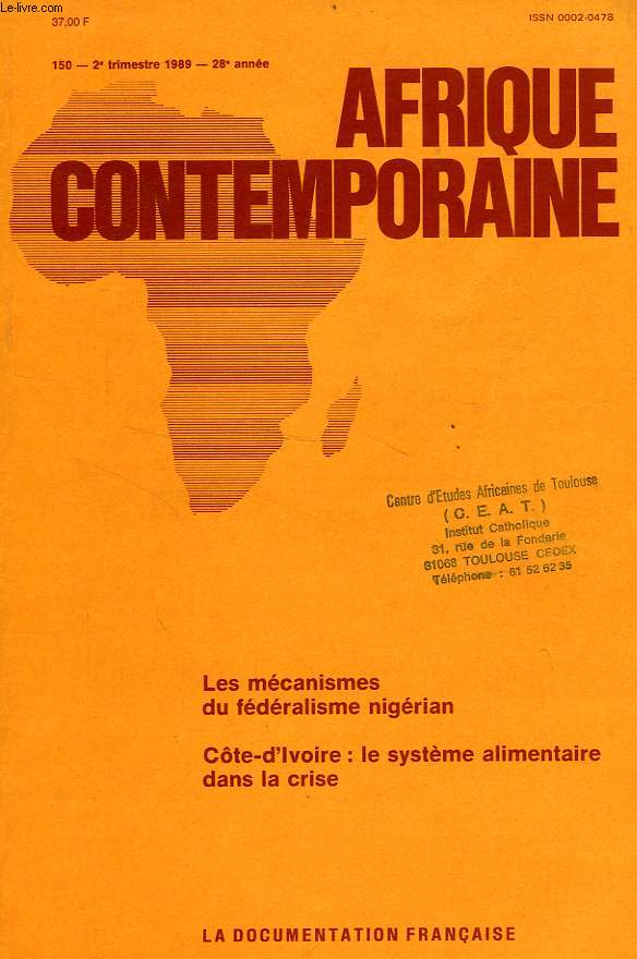 AFRIQUE CONTEMPORAINE, N 150, 2e TRIM. 1989