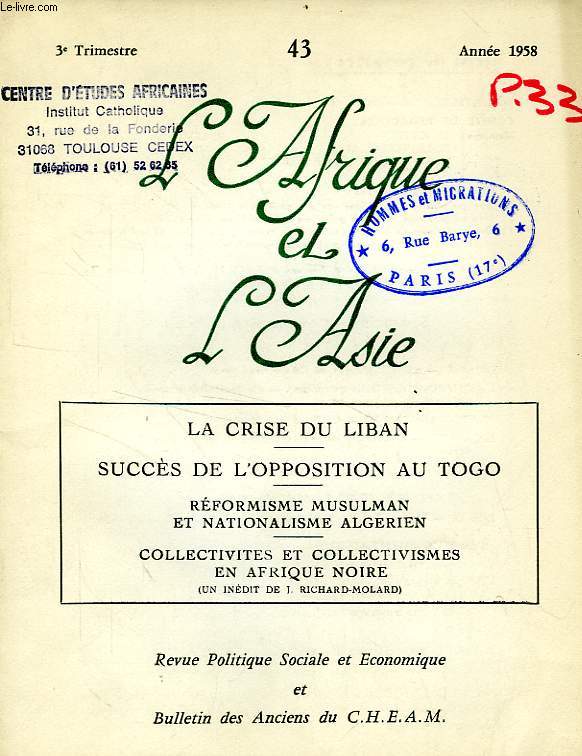 L'AFRIQUE ET L'ASIE, N 43, 3e TRIM. 1958