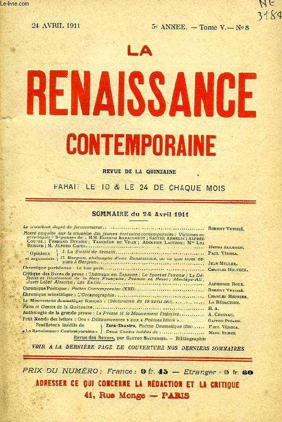 LA RENAISSANCE CONTEMPORAINE, 5e ANNEE, N 8, AVRIL 1911