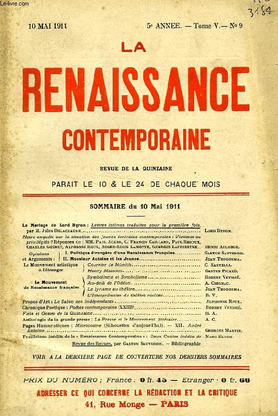 LA RENAISSANCE CONTEMPORAINE, 5e ANNEE, N 9, MAI 1911