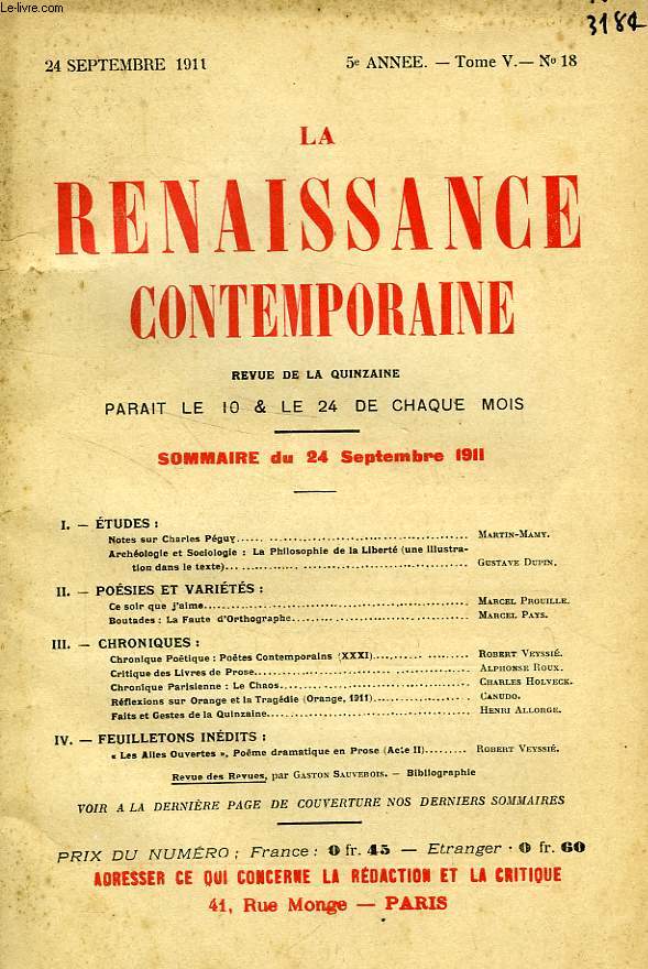 LA RENAISSANCE CONTEMPORAINE, 5e ANNEE, N 18, SEPT. 1911