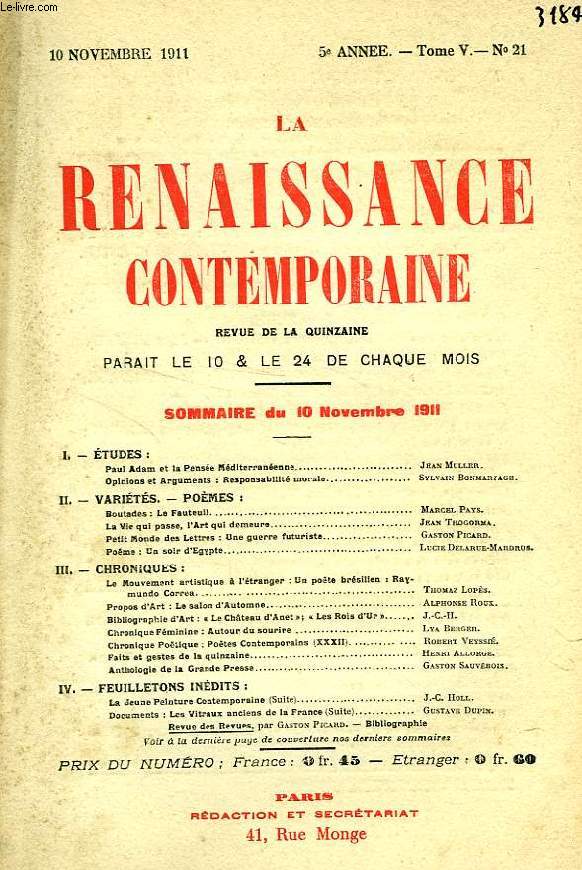 LA RENAISSANCE CONTEMPORAINE, 5e ANNEE, N 21, NOV. 1911