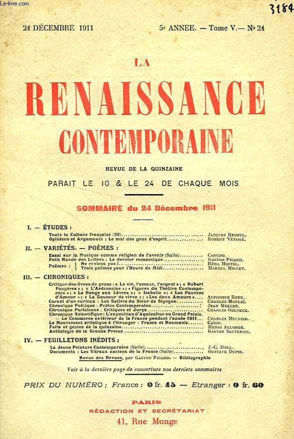 LA RENAISSANCE CONTEMPORAINE, 5e ANNEE, N 24, DEC. 1911