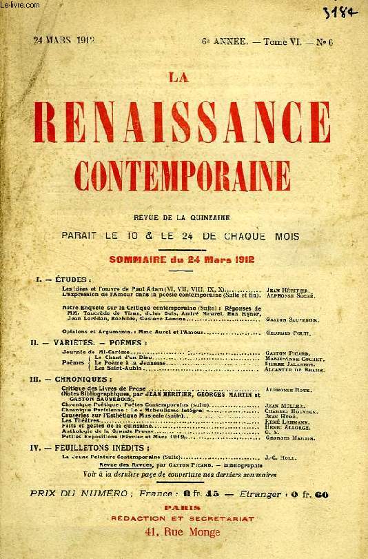 LA RENAISSANCE CONTEMPORAINE, 6e ANNEE, N 6, MARS 1912