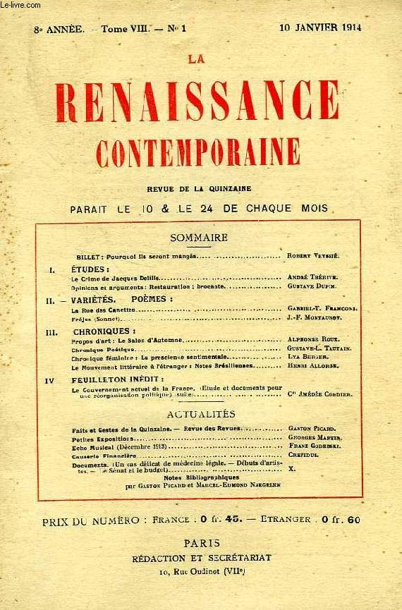 LA RENAISSANCE CONTEMPORAINE, 8e ANNEE, N 1, JAN. 1914