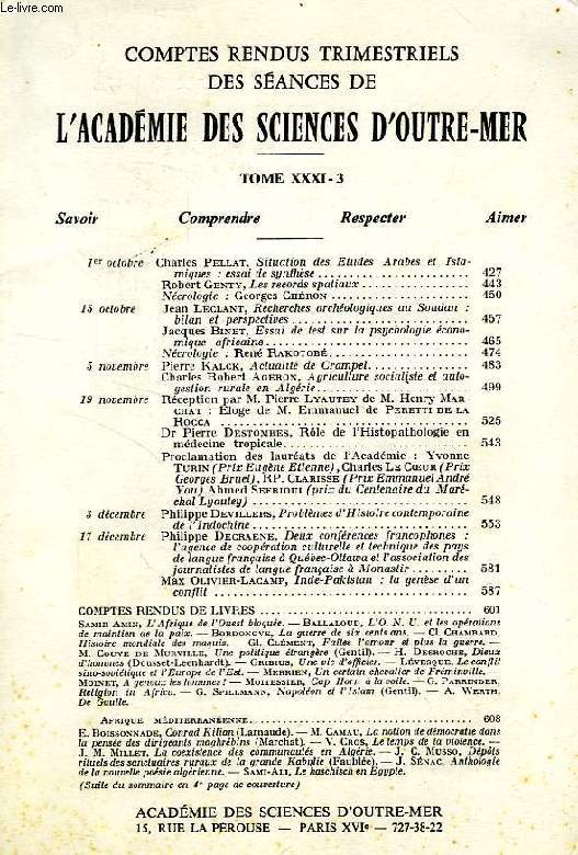 COMPTES RENDUS TRIMESTRIELS DES SEANCES DE L'ACADEMIE DES SCIENCES D'OUTRE-MER, TOME XXXI-3, 1971