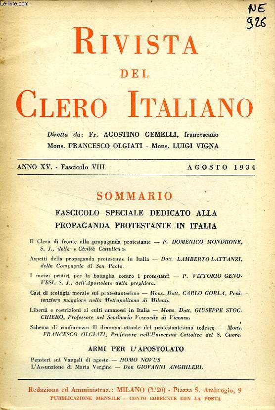 RIVISTA DEL CLERO ITALIANO, ANNO XV, FASC. 8, AGOSTO 1934