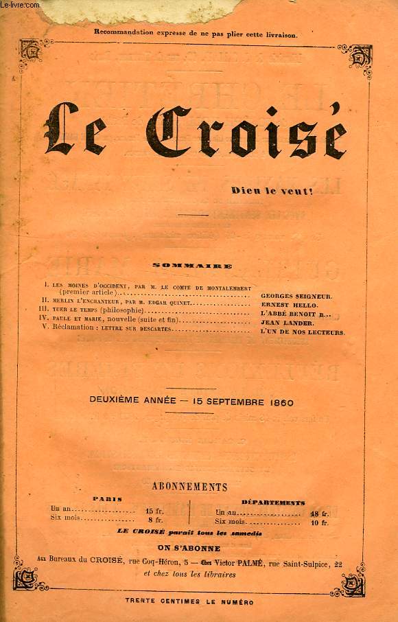 LE CROIS, DIEU LE VEUT !, 2e ANNEE, N 7, SEPT. 1860
