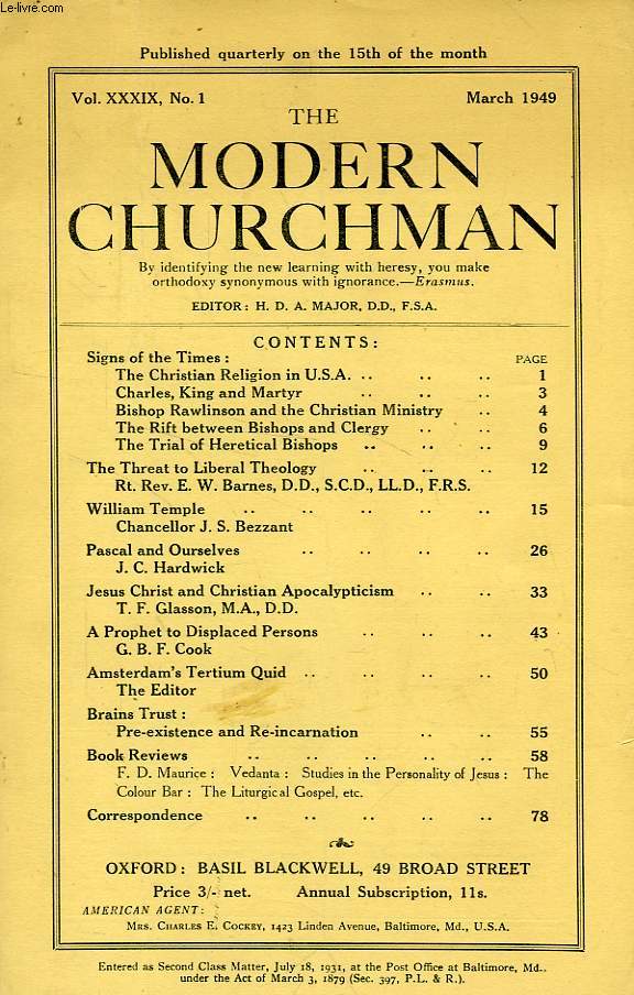 THE MODERN CHURCHMAN, VOL. XXXIX, N 1, MARCH 1949