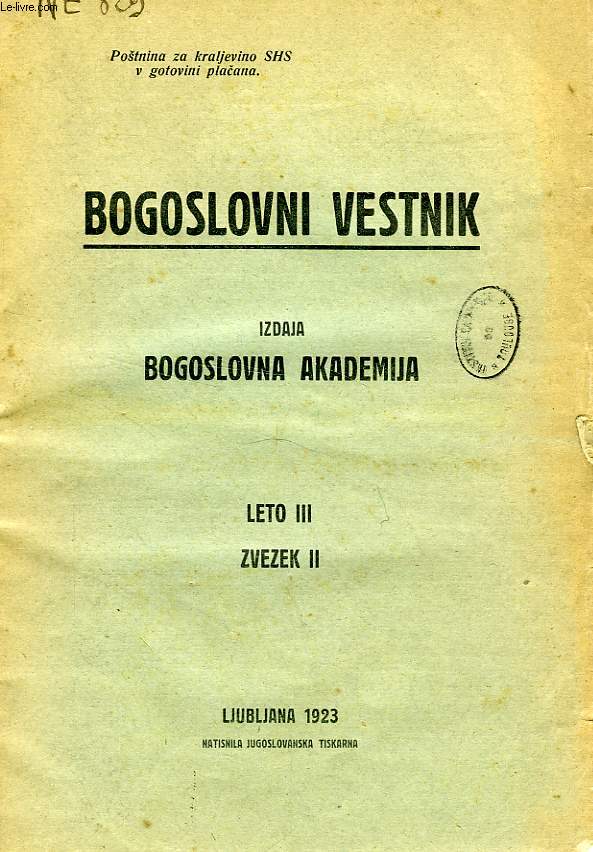 BOGOSLOVNI VESTNIK, LETO III, ZVEZEK II, 1923, IZDAJA BOGOSLOVNA AKADEMIJA