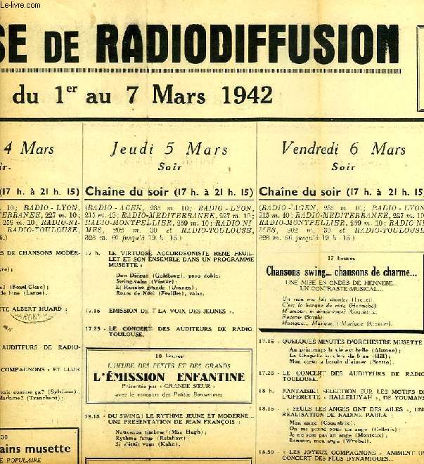 FEDERATION FRANCAISE DE RADIODIFFUSION, PROGRAMMES DE LA SEMAINE DU 1er AU 7 MARS 1942