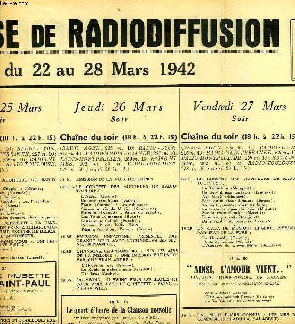 FEDERATION FRANCAISE DE RADIODIFFUSION, PROGRAMMES DE LA SEMAINE DU 22 AU 28 MARS 1942