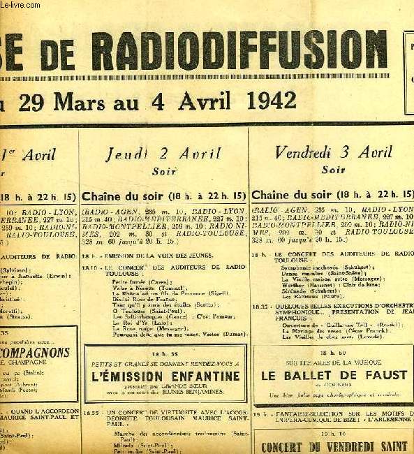 FEDERATION FRANCAISE DE RADIODIFFUSION, PROGRAMMES DE LA SEMAINE DU 29 MARS AU 4 AVRIL 1942