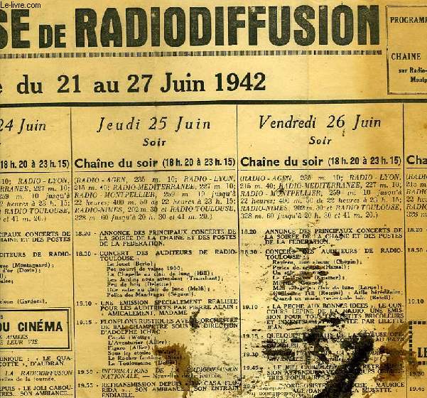 FEDERATION FRANCAISE DE RADIODIFFUSION, PROGRAMMES DE LA SEMAINE DU 21 AU 27 JUIN 1942