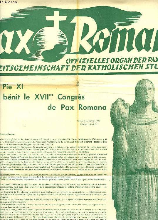 PAX ROMANA, JAHR III., Nr. 10, AUGUST 1938, OFFIZIELLES ORGAN DER PAX ROMANA, WELT-ARBEITSGEMEINSCHAFT DER KATHOLISCHEN STUDENTEN