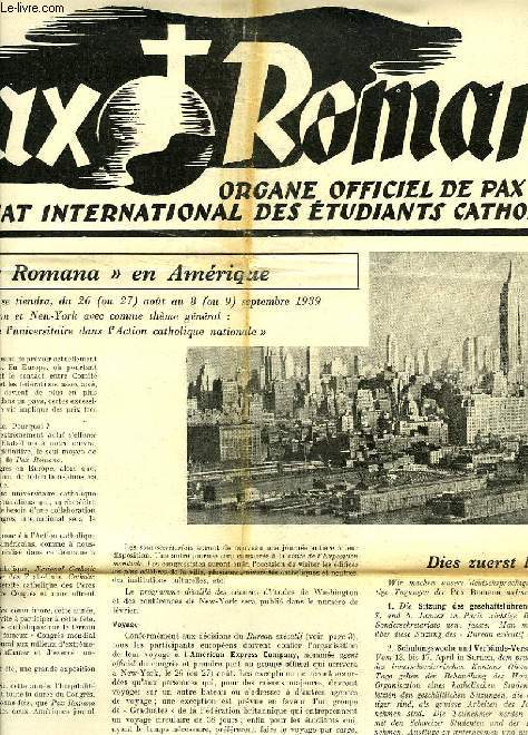 PAX ROMANA, ANNEE IV, N 3, JAN. 1939, ORGANE OFFICIEL DE PAX ROMANA, SECRETARIAT INTERNATIONAL DES ETUDIANTS CATHOLIQUES