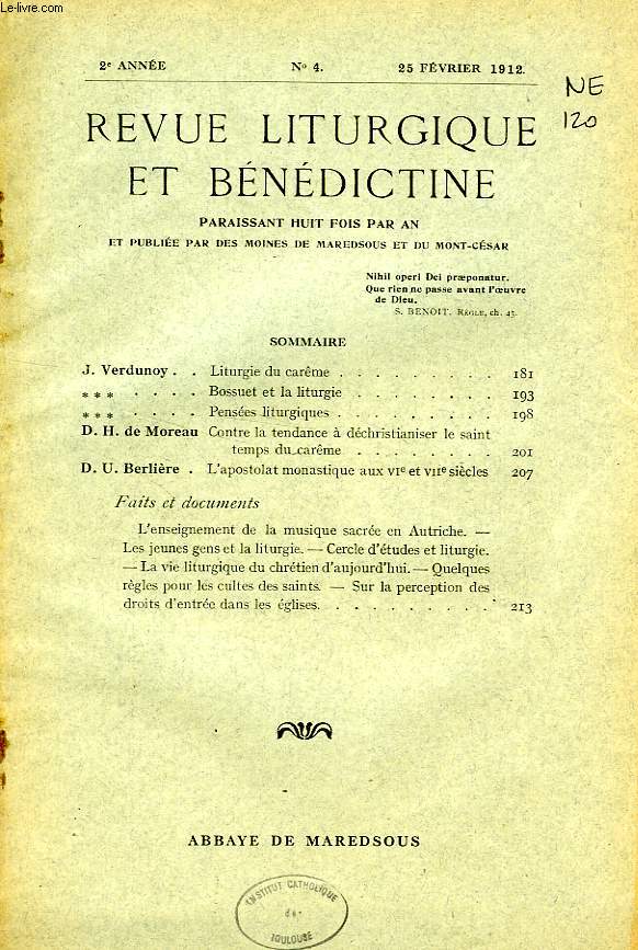 REVUE LITURGIQUE & BENEDICTINE, IIe SERIE, 2e ANNEE, N 4, FEV. 1912