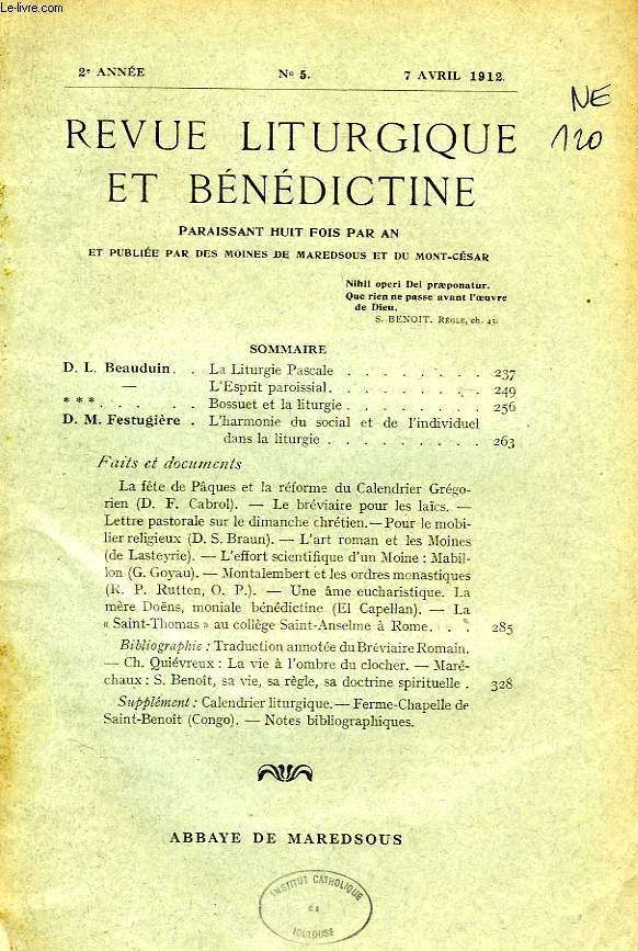 REVUE LITURGIQUE & BENEDICTINE, IIe SERIE, 2e ANNEE, N 5, AVRIL 1912