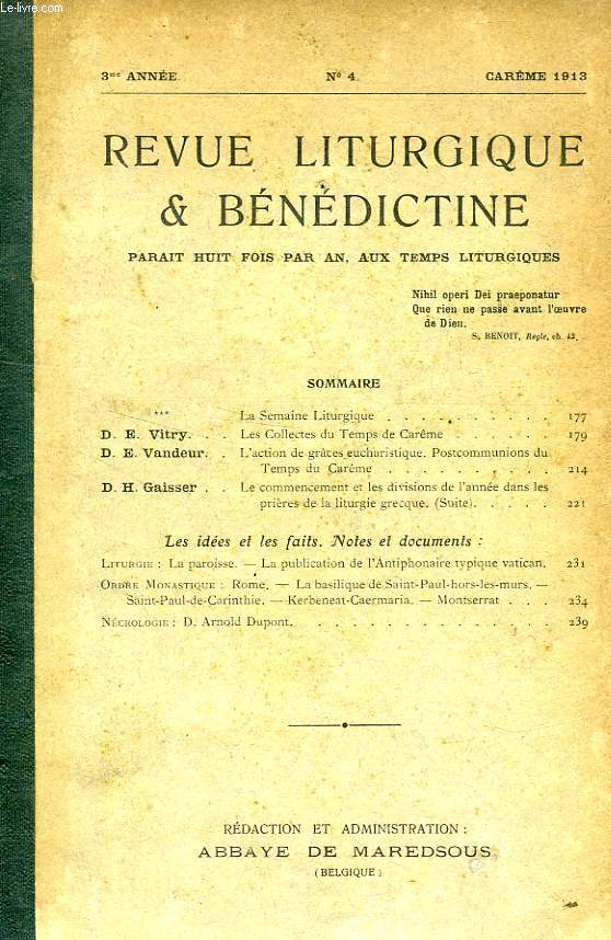 REVUE LITURGIQUE & BENEDICTINE, 3e ANNEE, 1913