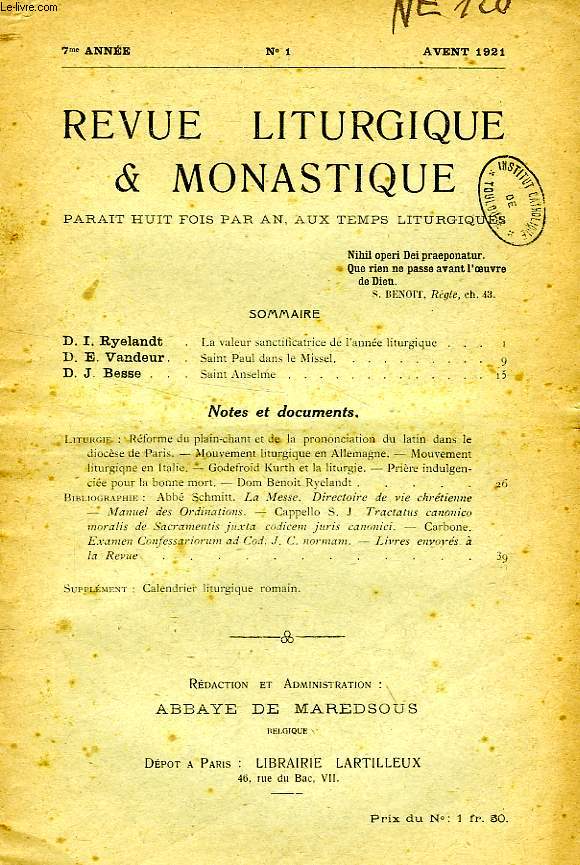 REVUE LITURGIQUE & MONASTIQUE, 7e ANNEE, N 1, AVENT 1921