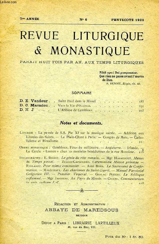 REVUE LITURGIQUE & MONASTIQUE, 7e ANNEE, N 6, PENTECTE 1922