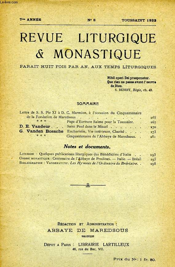 REVUE LITURGIQUE & MONASTIQUE, 7e ANNEE, N 8, TOUSSAINT 1922