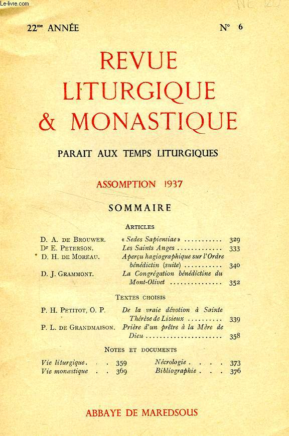 REVUE LITURGIQUE & MONASTIQUE, 22e ANNEE, N 6, ASSOMPTION 1937