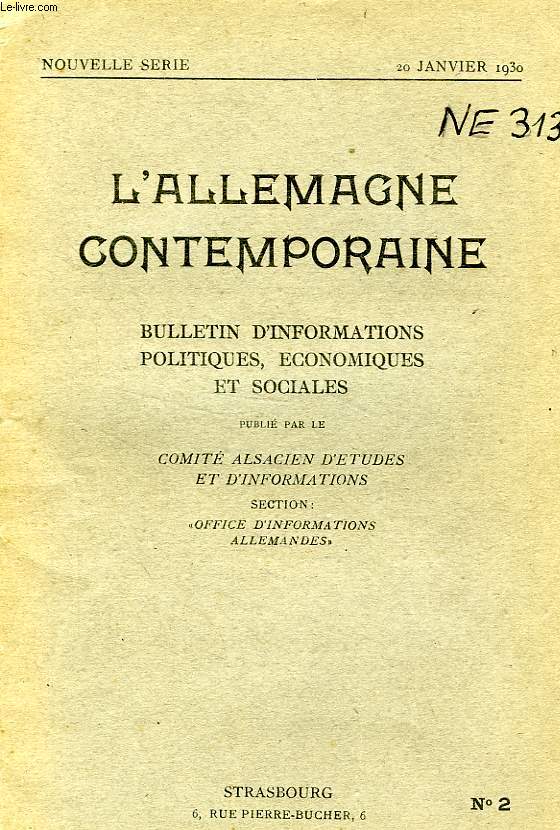 L'ALLEMAGNE CONTEMPORAINE, NOUVELLE SERIE, N 2, 20 JAN. 1930, BULLETIN D'INFORMATIONS POLITIQUES, ECONOMIQUES ET SOCIALES