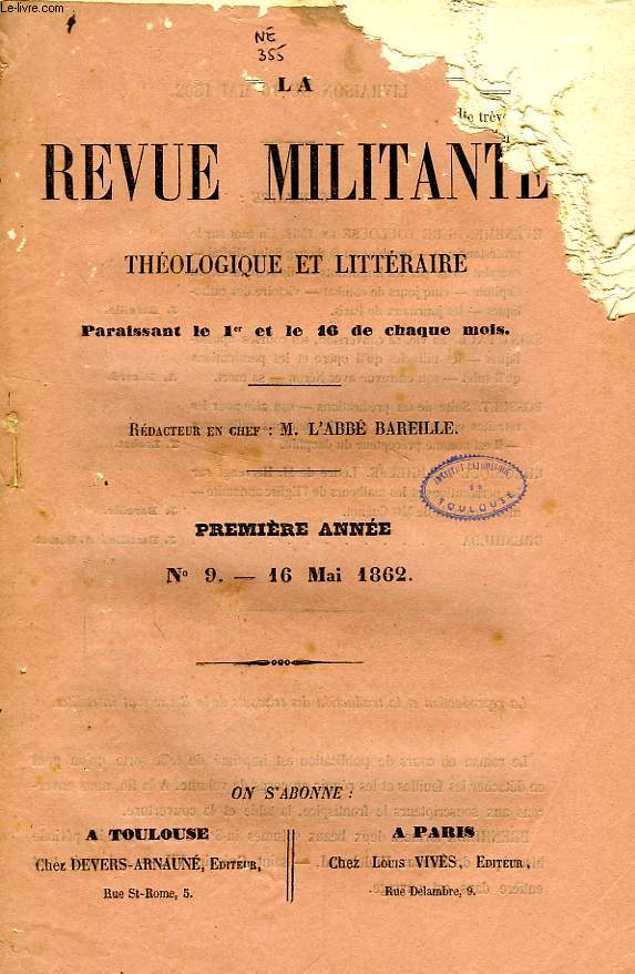 LA REVUE MILITANTE, THEOLOGIQUE ET LITTERAIRE, 1re ANNEE, N 9, 16 MAI 1862