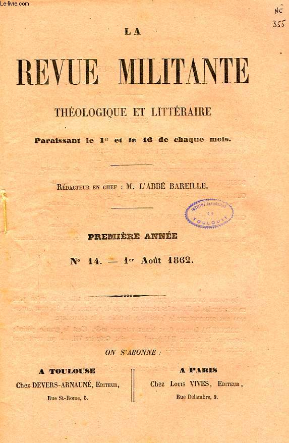 LA REVUE MILITANTE, THEOLOGIQUE ET LITTERAIRE, 1re ANNEE, N 14, 1er AOUT 1862