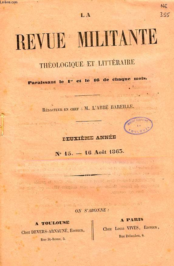 LA REVUE MILITANTE, THEOLOGIQUE ET LITTERAIRE, 2e ANNEE, N 15, 16 AOUT 1863