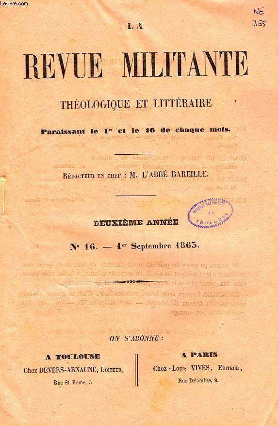 LA REVUE MILITANTE, THEOLOGIQUE ET LITTERAIRE, 2e ANNEE, N 16, 1er SEPT. 1863