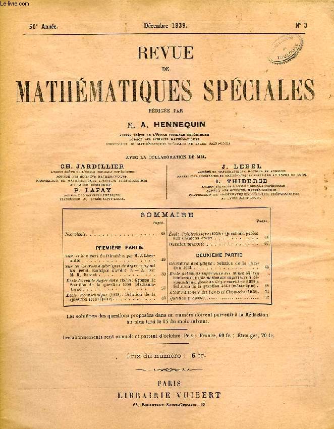 REVUE DE MATHEMATIQUES SPECIALES, 50e ANNEE, N 3, DEC. 1939