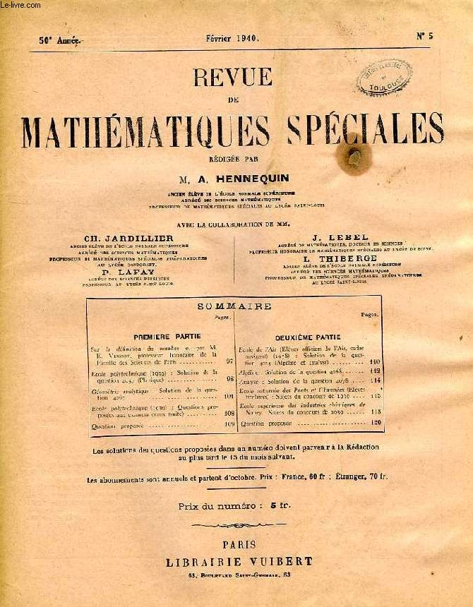 REVUE DE MATHEMATIQUES SPECIALES, 50e ANNEE, N 5, FEV. 1940