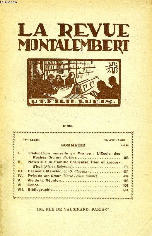 REVUE MONTALEMBERT, 26e ANNEE, N 208, AVRIL 1933