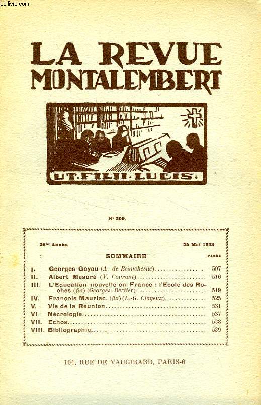 REVUE MONTALEMBERT, 26e ANNEE, N 209, MAI 1933