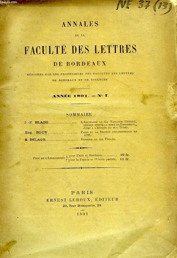 ANNALES DE LA FACULTE DES LETTRES DE BORDEAUX, N 1, 1891