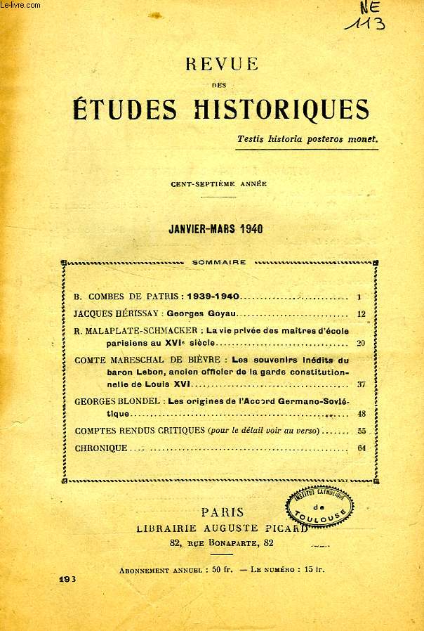 REVUE DES ETUDES HISTORIQUES, 107e ANNEE, N 193, JAN.-MARS 1940