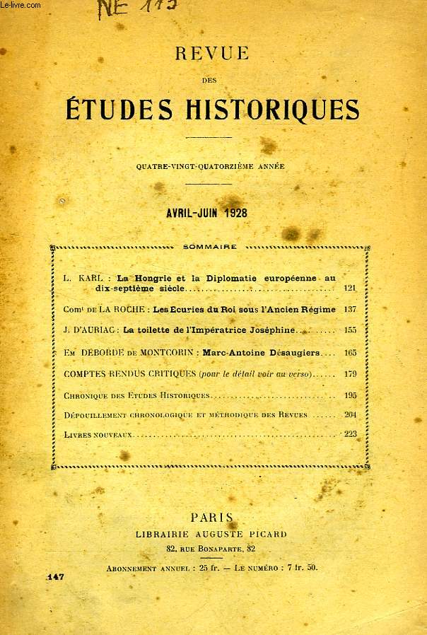REVUE DES ETUDES HISTORIQUES, 94e ANNEE, N 147, AVRIL-JUIN 1928