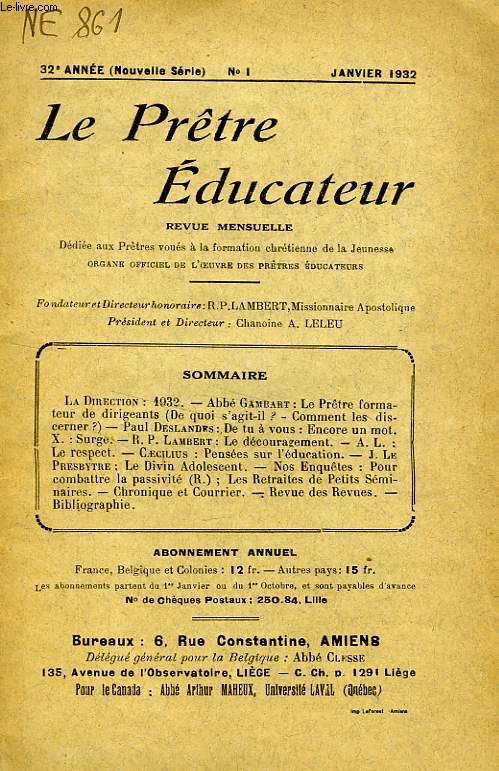 LE PRETRE EDUCATEUR, 32e ANNEE (NOUVELLE SERIE), N 1, JAN. 1932