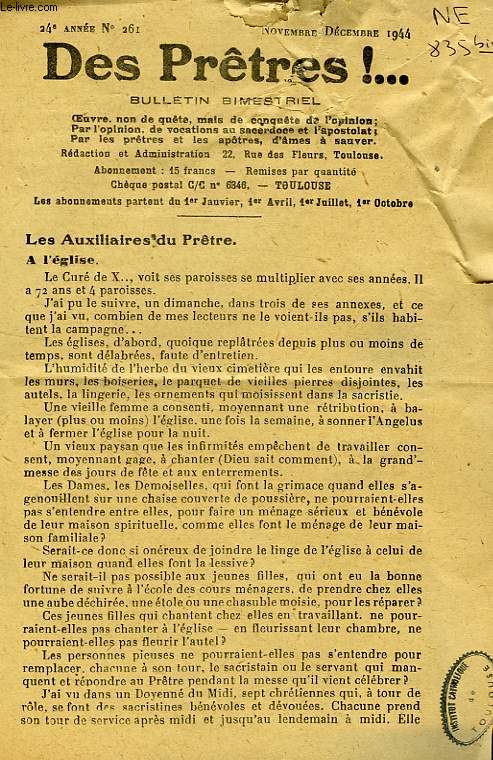 DES PRETRES !, SUPPLEMENT AU BULLETIN RELIGIEUX, 24e ANNEE, N 261, NOV.-DEC. 1944
