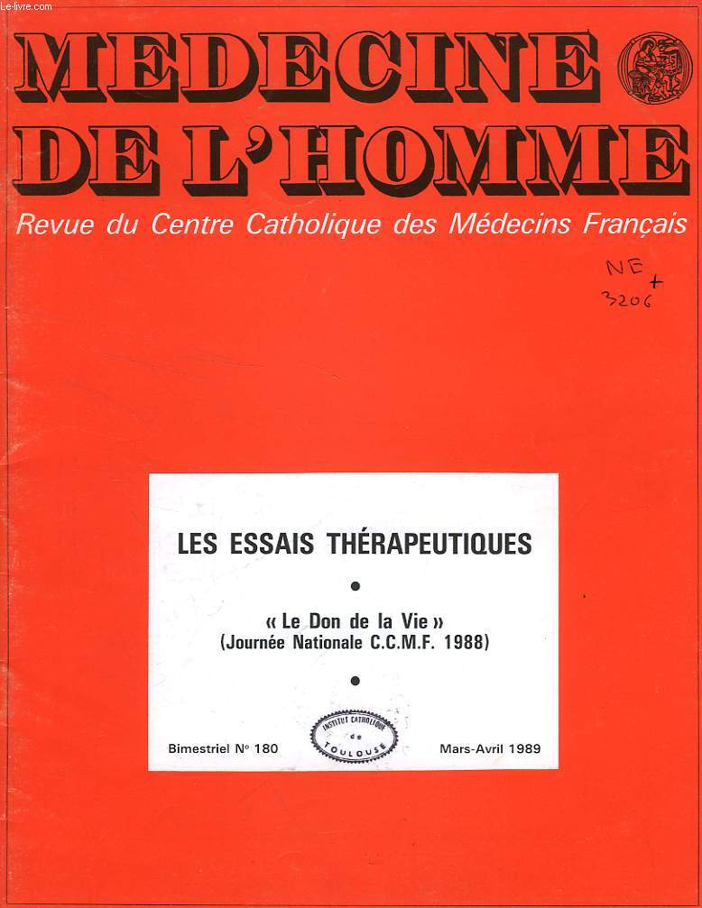 MEDECINE DE L'HOMME, N 180, MARS-AVRIL 1989, REVUE DU CENTRE CATHOLIQUE DES MEDECINS FRANCAIS