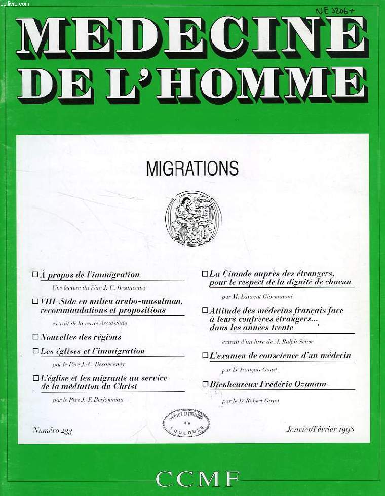 MEDECINE DE L'HOMME, N 233, JAN.-FEV. 1998, REVUE DU CENTRE CATHOLIQUE DES MEDECINS FRANCAIS